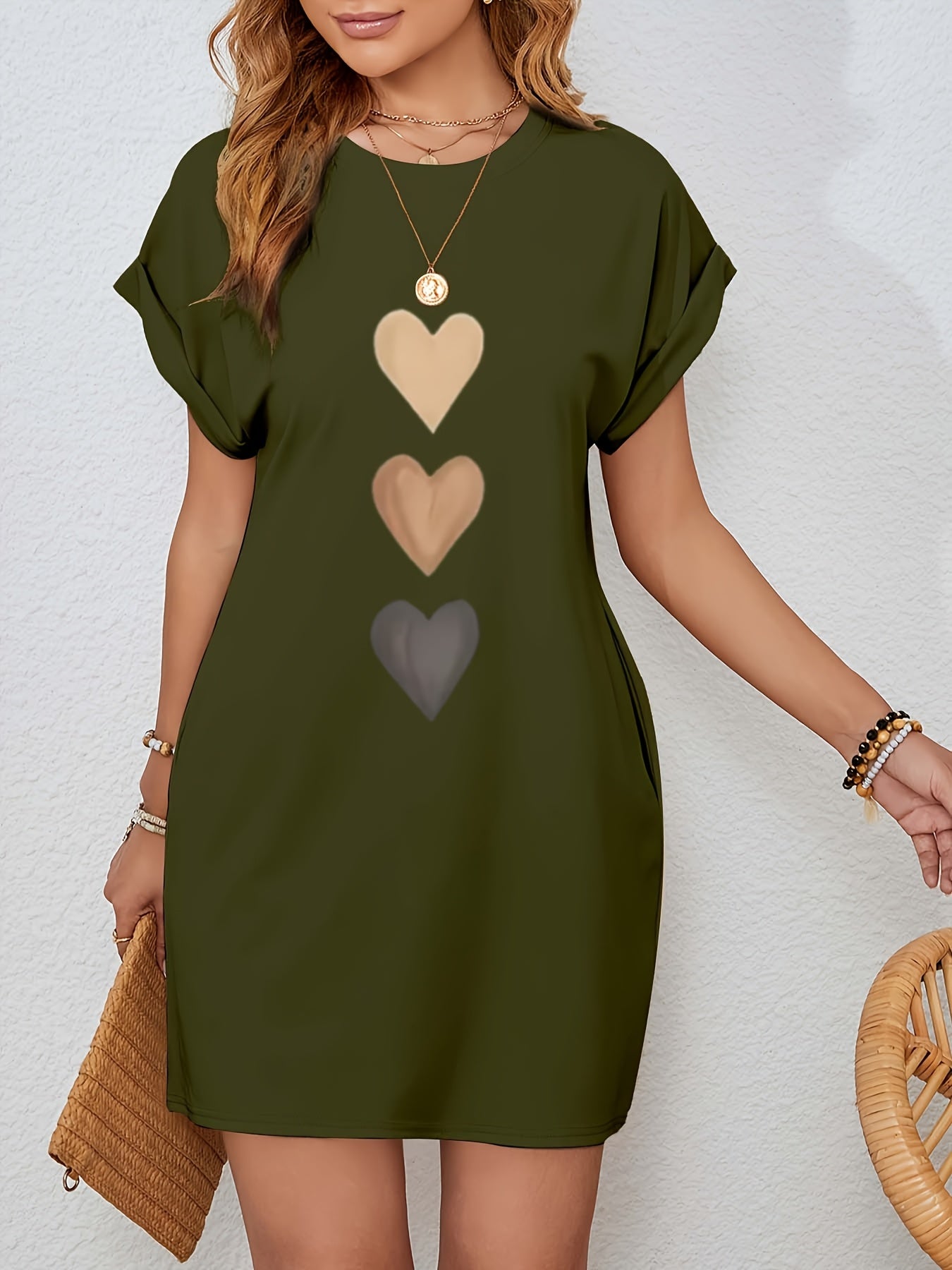 Everyday Women's Casual Heart Print Batwing Sleeve Dress with Hidden Pockets - Beige Color, Polyester Fabric, Round Neck, Machine Washable, Spring/Summer/Fall Style, Cozy Long Sleeve Knitted Dress
